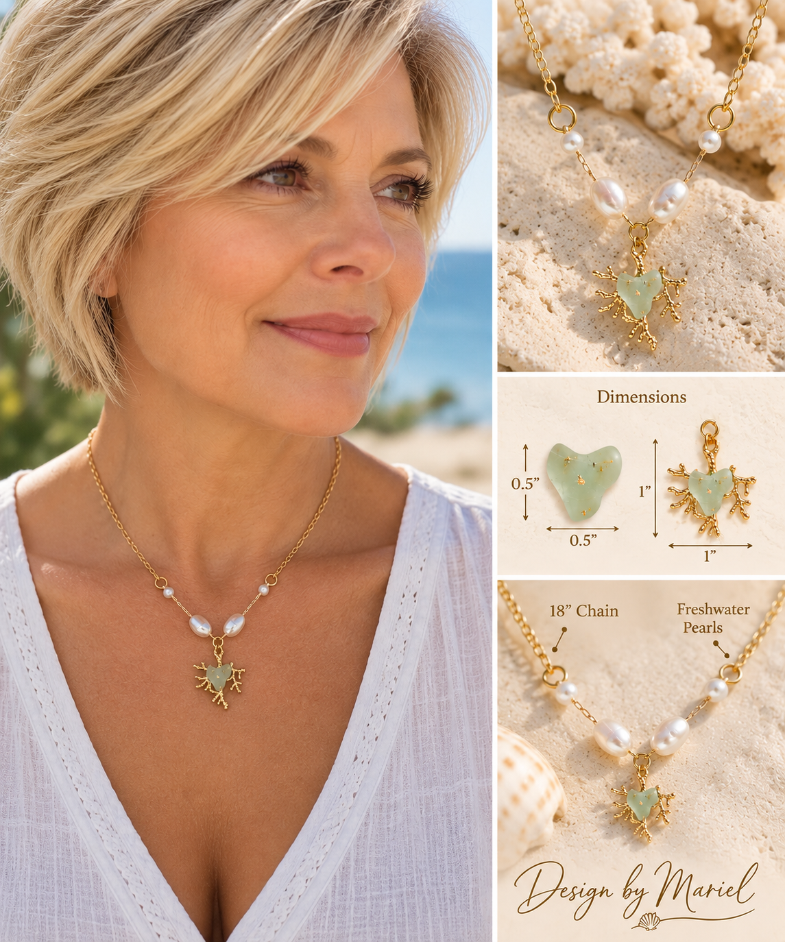 Maui Sea Glass Heart Necklace with Freshwater Pearls, Gold Coral Branch Pendant