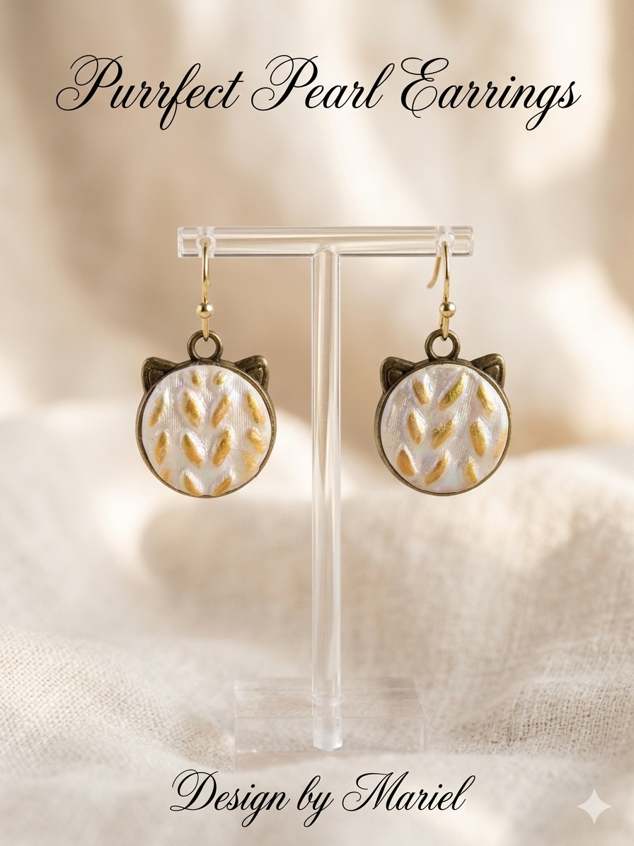 Cat-shaped pearl earrings on a stand with 'Purrfect Pearl Earrings' text.