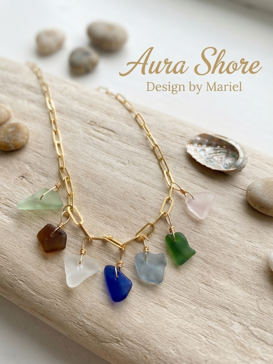 Aura Shore Sea Glass Charm Necklace | Gold Paperclip Chain | Colorful Beach Glass Necklace | Coastal Jewelry