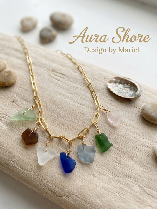 Aura Shore Sea Glass Charm Necklace | Gold Paperclip Chain | Colorful Beach Glass Necklace | Coastal Jewelry