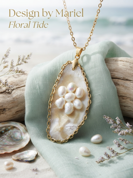 Floral Tide -Handcrafted Mother of Pearl and Freshwater Pearl Pendant, One-of-a-Kind Coastal Artisan Necklace