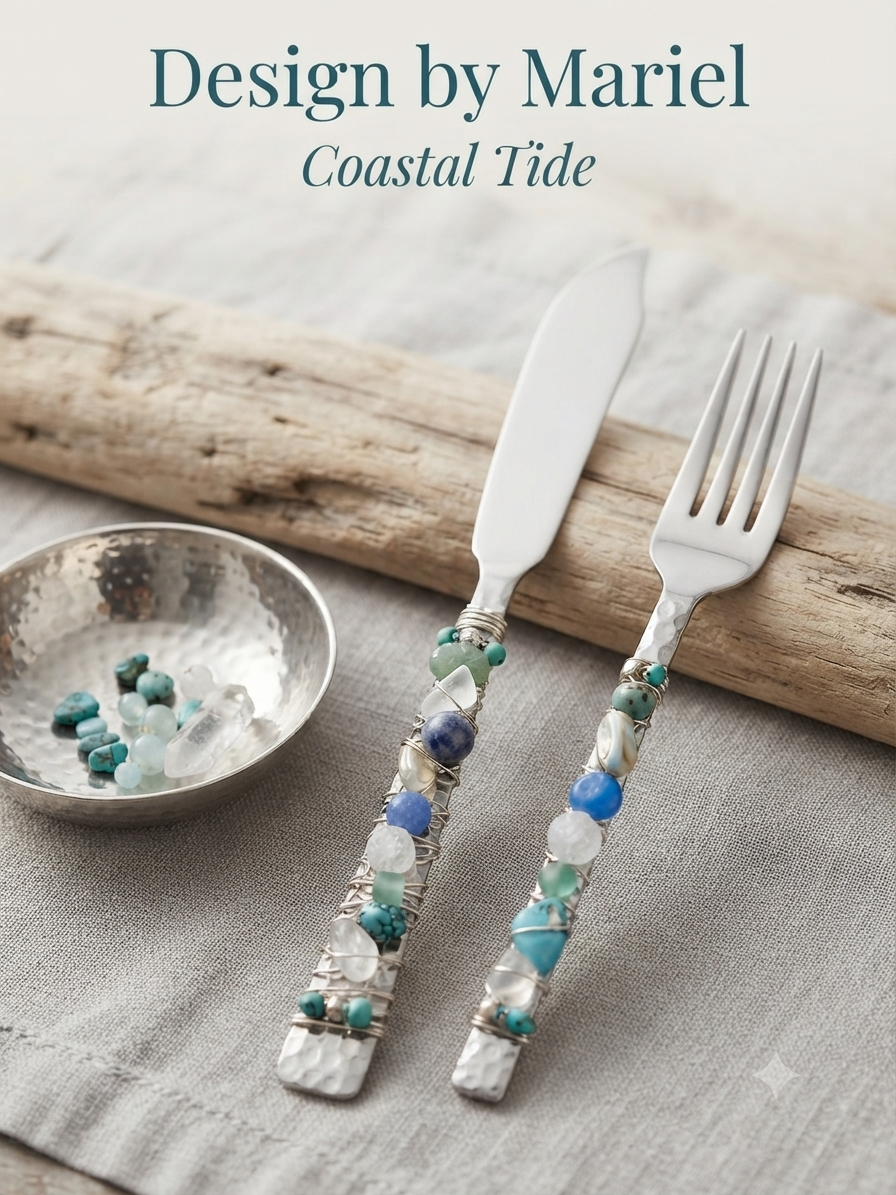 Coastal Tide -Handcrafted Artisan Serving Set, Wire-Wrapped Stone and Bead Accents, One-of-a-Kind Kitchenware