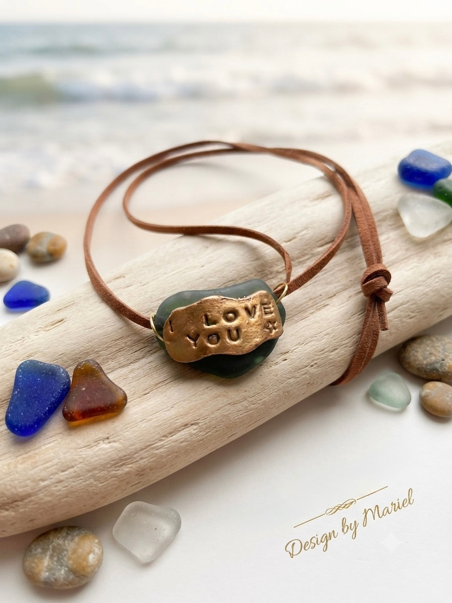 Handcrafted "I Love You" Sea Glass & Bronze Clay Pendant Necklace | Artisan Jewelry by Mariel