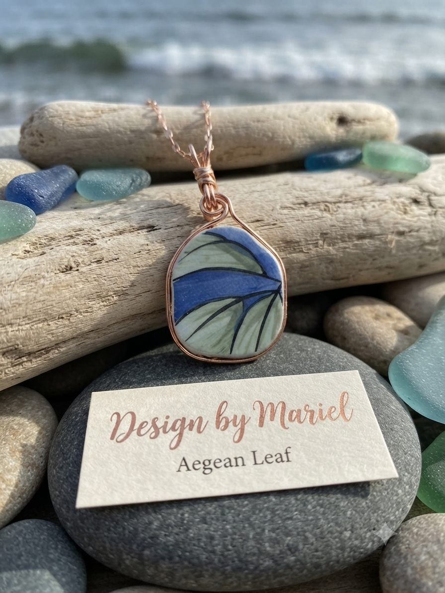 Handmade Ceramic Sea Pottery Necklace, Artisan Rose Gold Wire Wrapped Pendant, One-of-a-Kind Coastal Jewelry, Unique Gift for Her