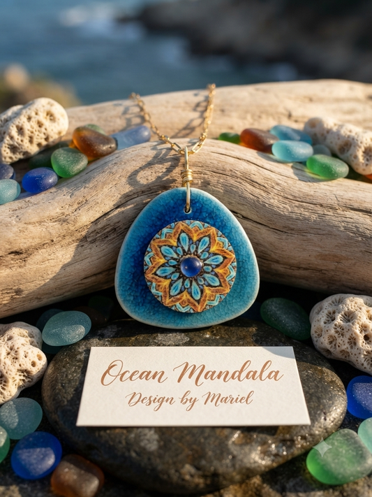Ocean Mandala Necklace | Blue Tile Pendant | Gold Plated