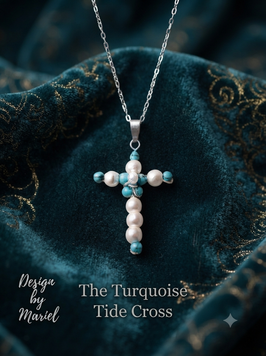 The Turquoise Tide Cross - Handcrafted Pearl and Turquoise Necklace by Design by Mariel