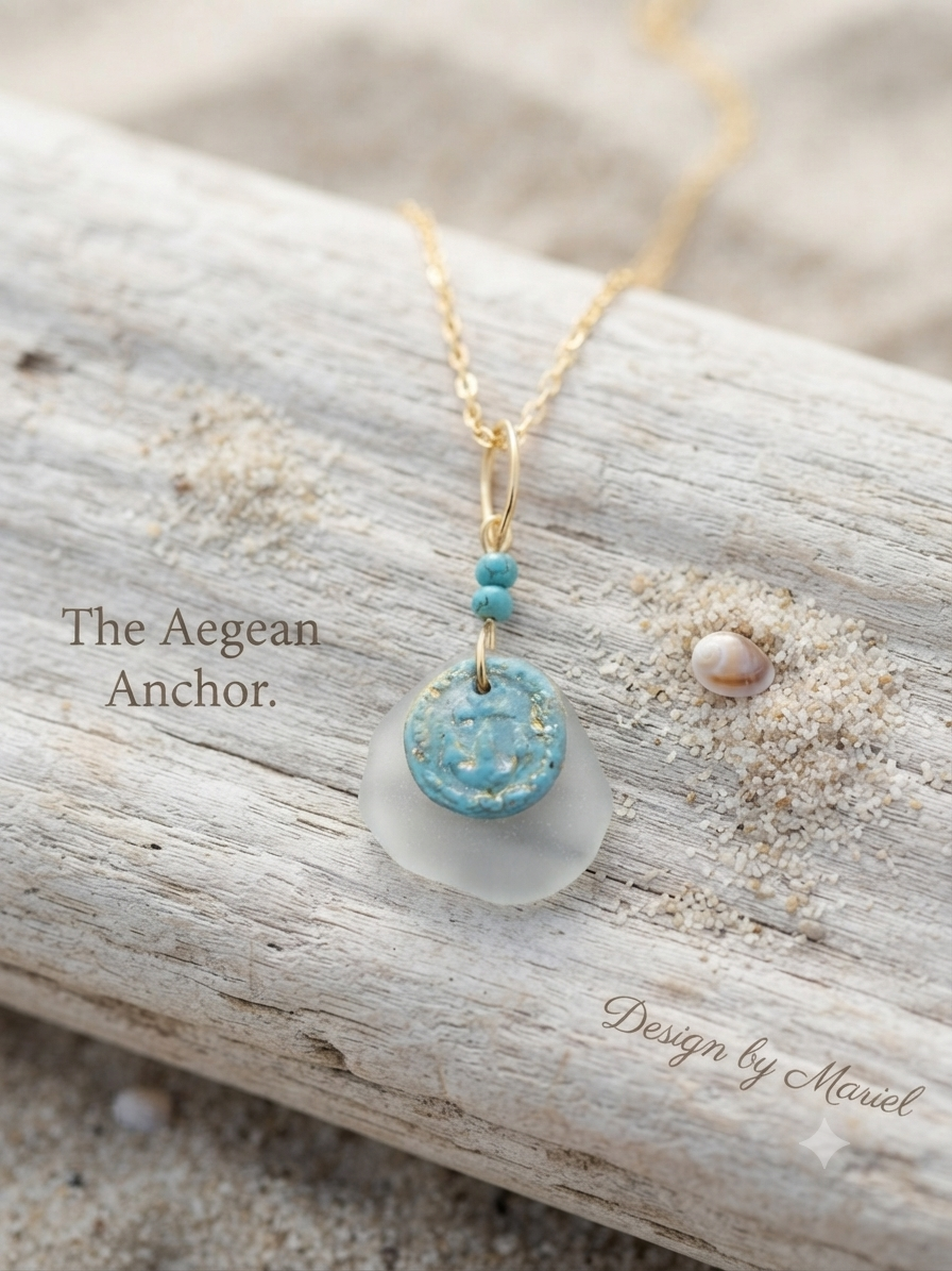 Handcrafted Sea Glass and Ceramic Clay Anchor Pendant Necklace | The Aegean Anchor