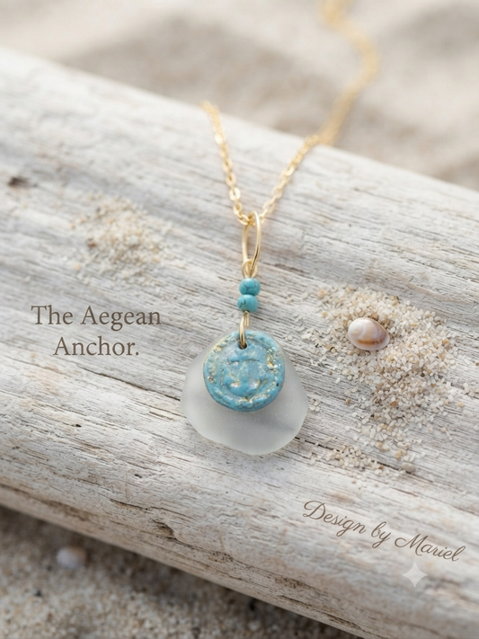 Handcrafted Sea Glass and Ceramic Clay Anchor Pendant Necklace | The Aegean Anchor