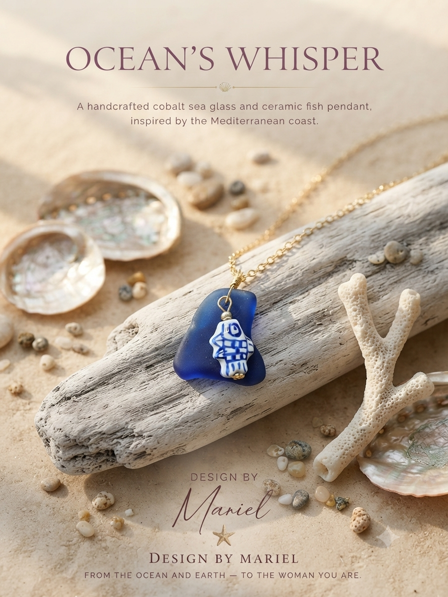 Ocean's Whisper Necklace | Cobalt Blue Sea Glass and Ceramic Fish Pendant