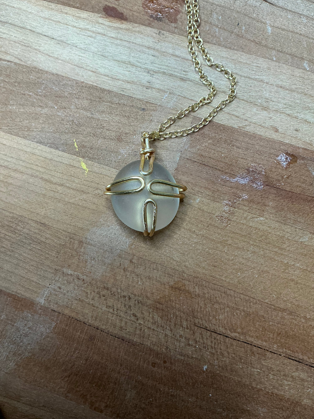 Serenity Cross Necklace, Clear Glass Pendant, Gold Tone Handmade Necklace, Coastal Jewelry, Beach Inspired Gift, Design by Mariel