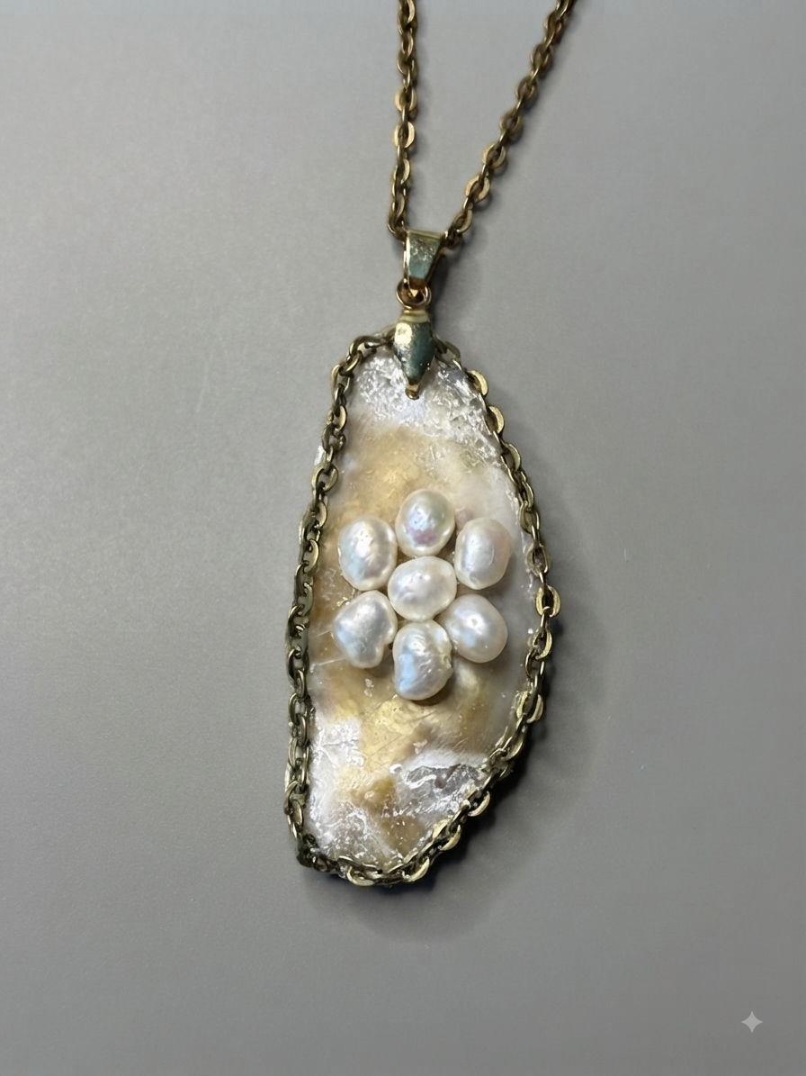 Floral Tide -Handcrafted Mother of Pearl and Freshwater Pearl Pendant, One-of-a-Kind Coastal Artisan Necklace