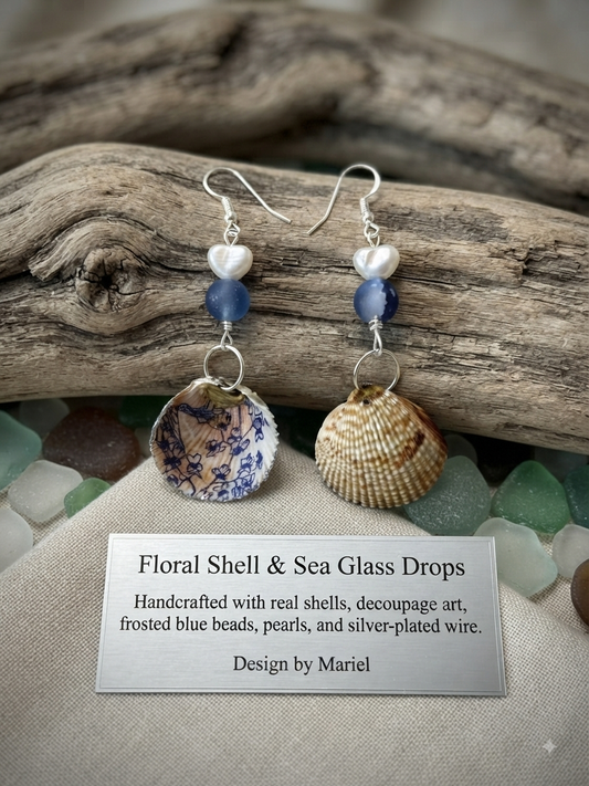Coastal Blue & Shell Dangle Earrings | Handcrafted Decoupage Sea Shell, Frosted Glass, and Pearl Jewelry