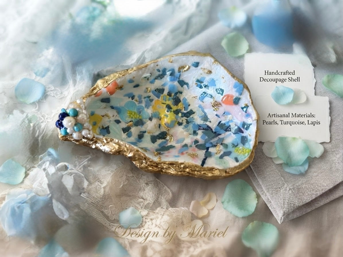 Handcrafted Oyster Shell Art | Gold Filigree & Colorful Sea Glass Mosaic | Coastal Decor | One of a Kind Ocean Inspired Gift | Design by Mariel