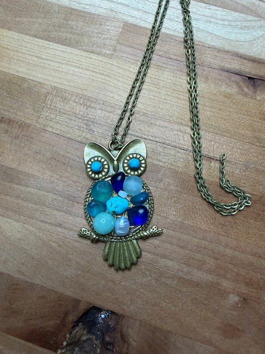 Owl Necklace with Sea Glass and Turquoise - Bronze Owl Pendant