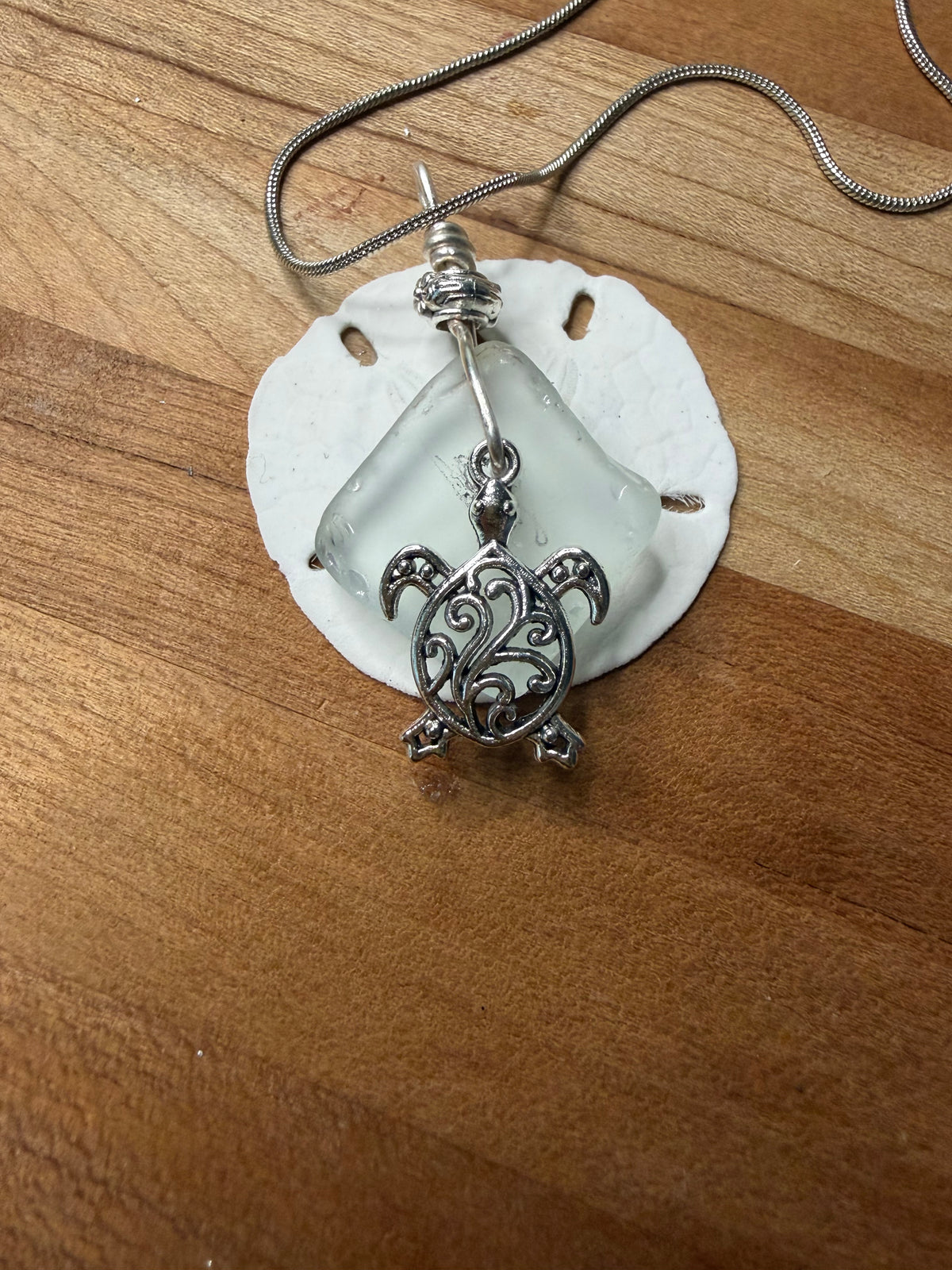 White Sea Glass Necklace w. Silver Beach Charm - Ocean Pendant (includes chain)