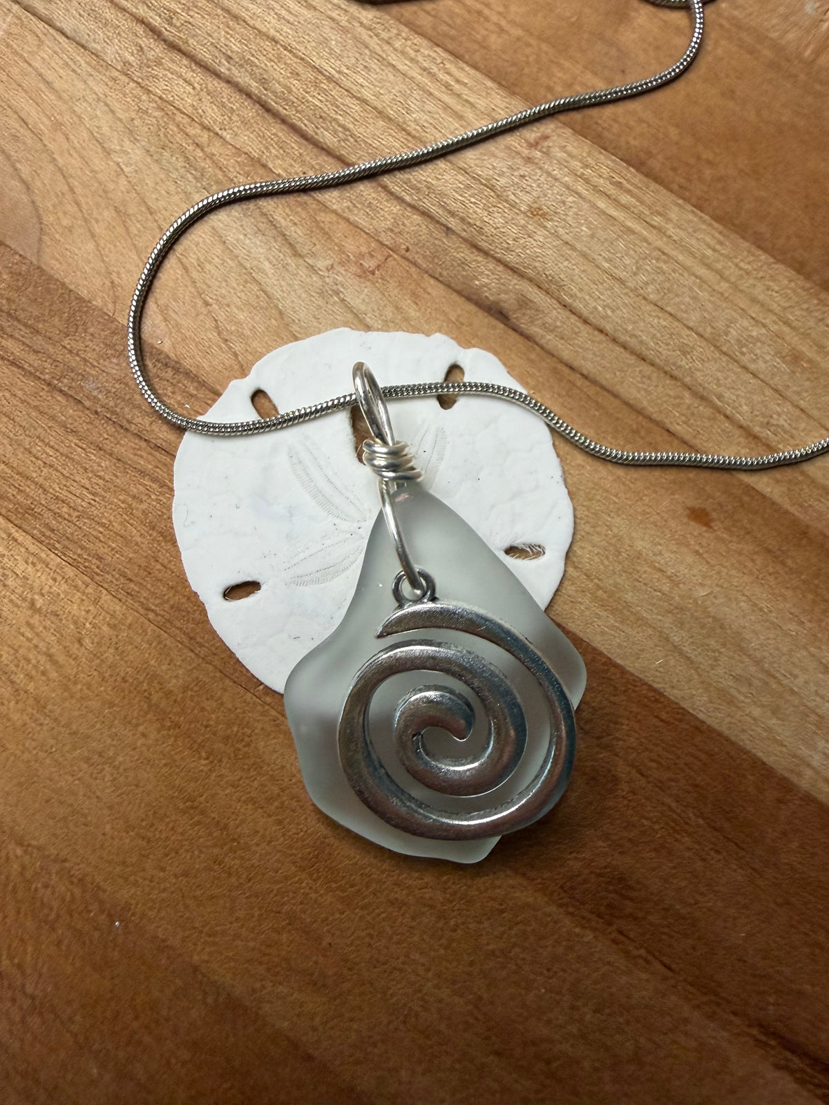 White Sea Glass Necklace w. Silver Beach Charm - Ocean Pendant (includes chain)