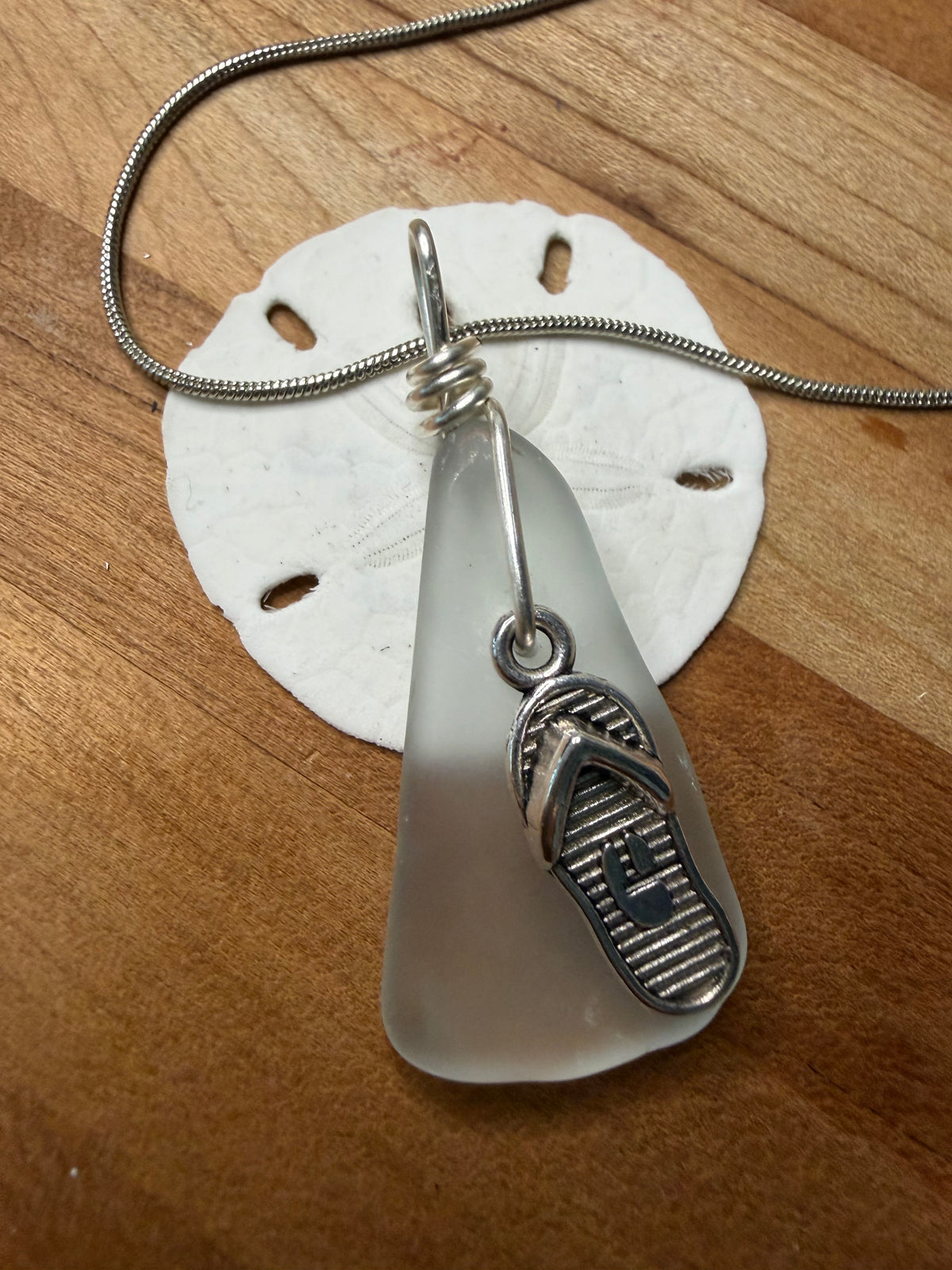 White Sea Glass Necklace w. Silver Beach Charm - Ocean Pendant (includes chain)