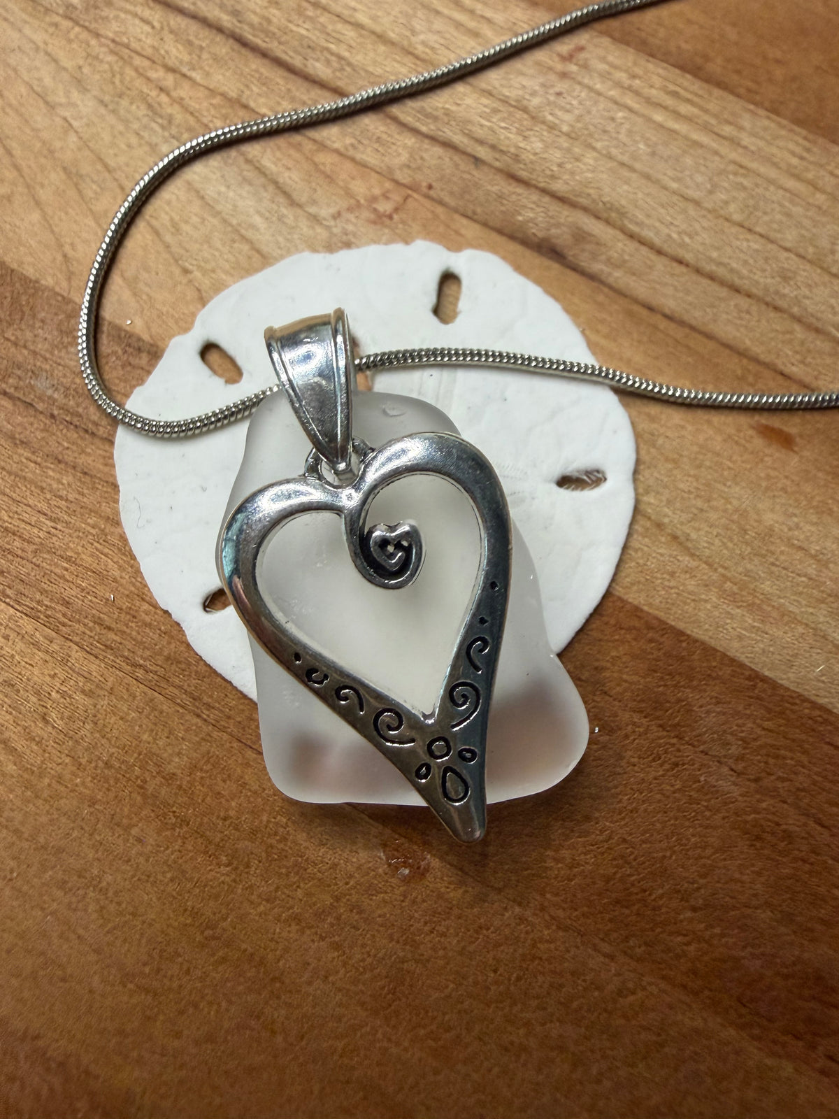 White Sea Glass Necklace w. Silver Beach Charm - Ocean Pendant (includes chain)