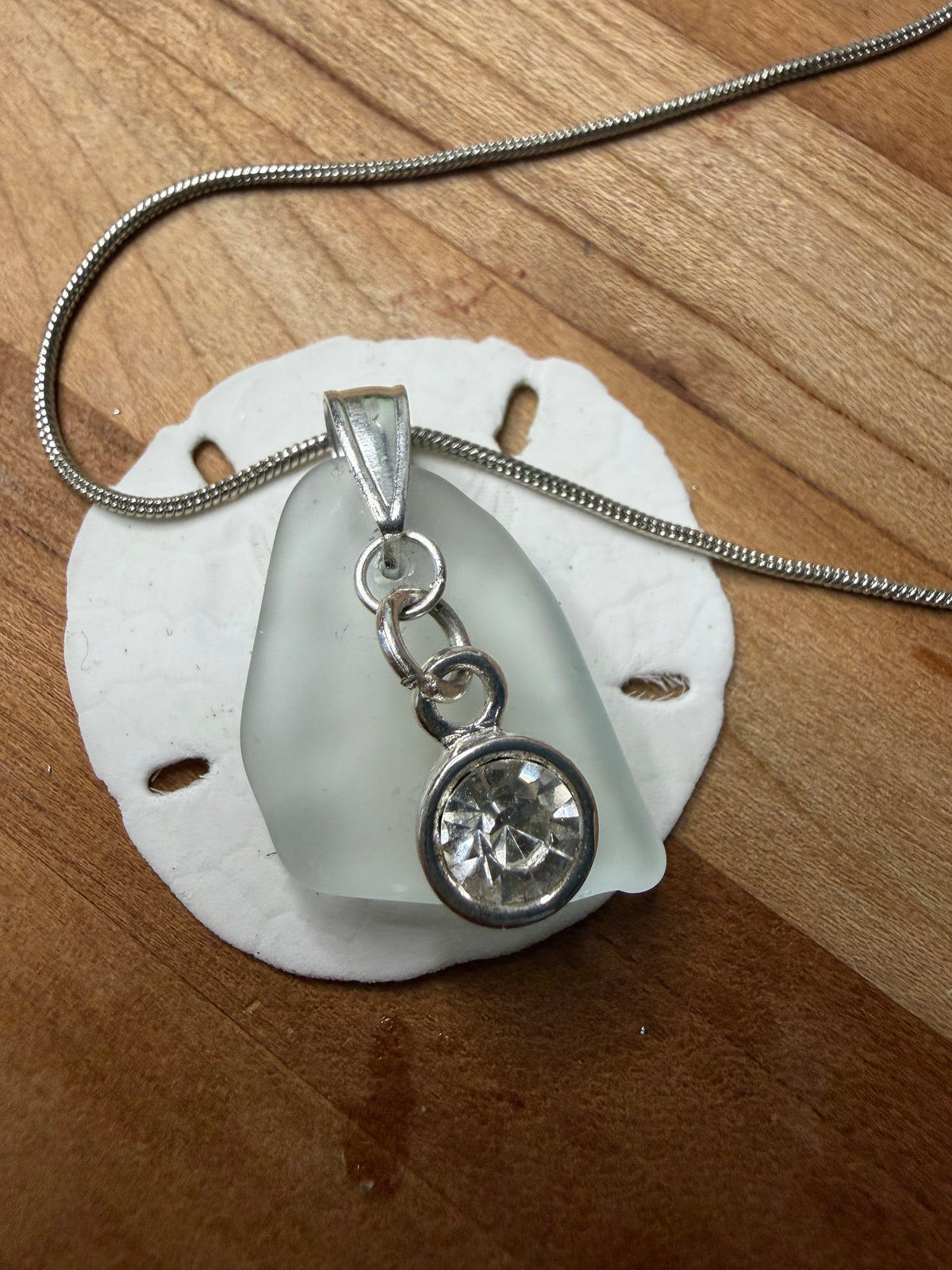 White Sea Glass Necklace w. Silver Beach Charm - Ocean Pendant (includes chain)