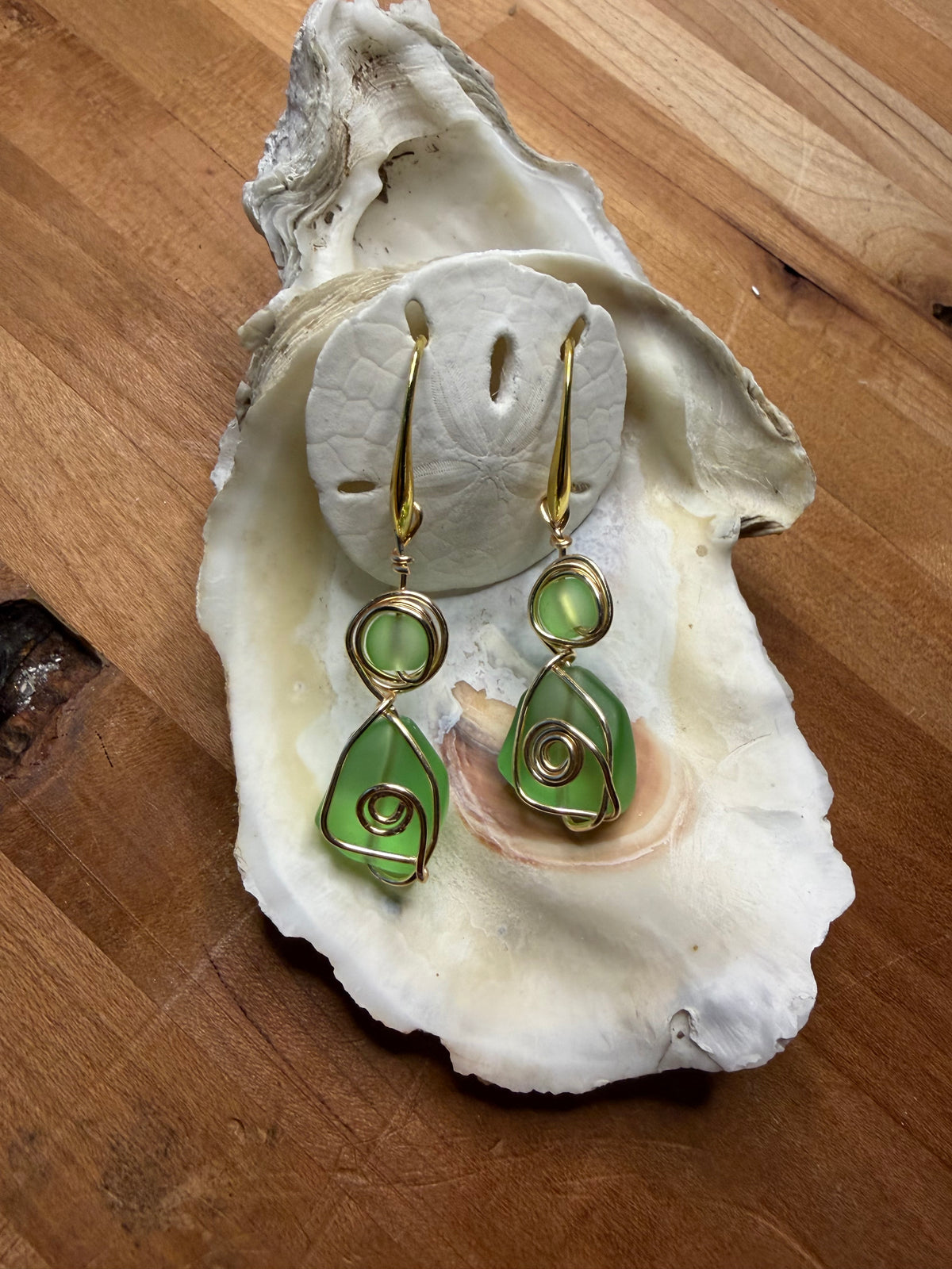 Green Sea Glass Earrings, Gold Wire Wrapped Dangle Earrings, Beach Jewelry,