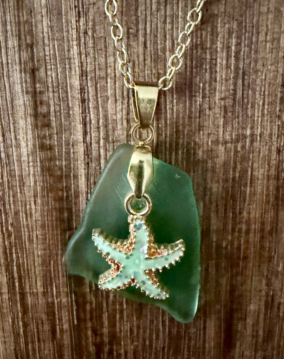 Sea Glass Starfish Necklace - Gold Chain Coastal Jewelry