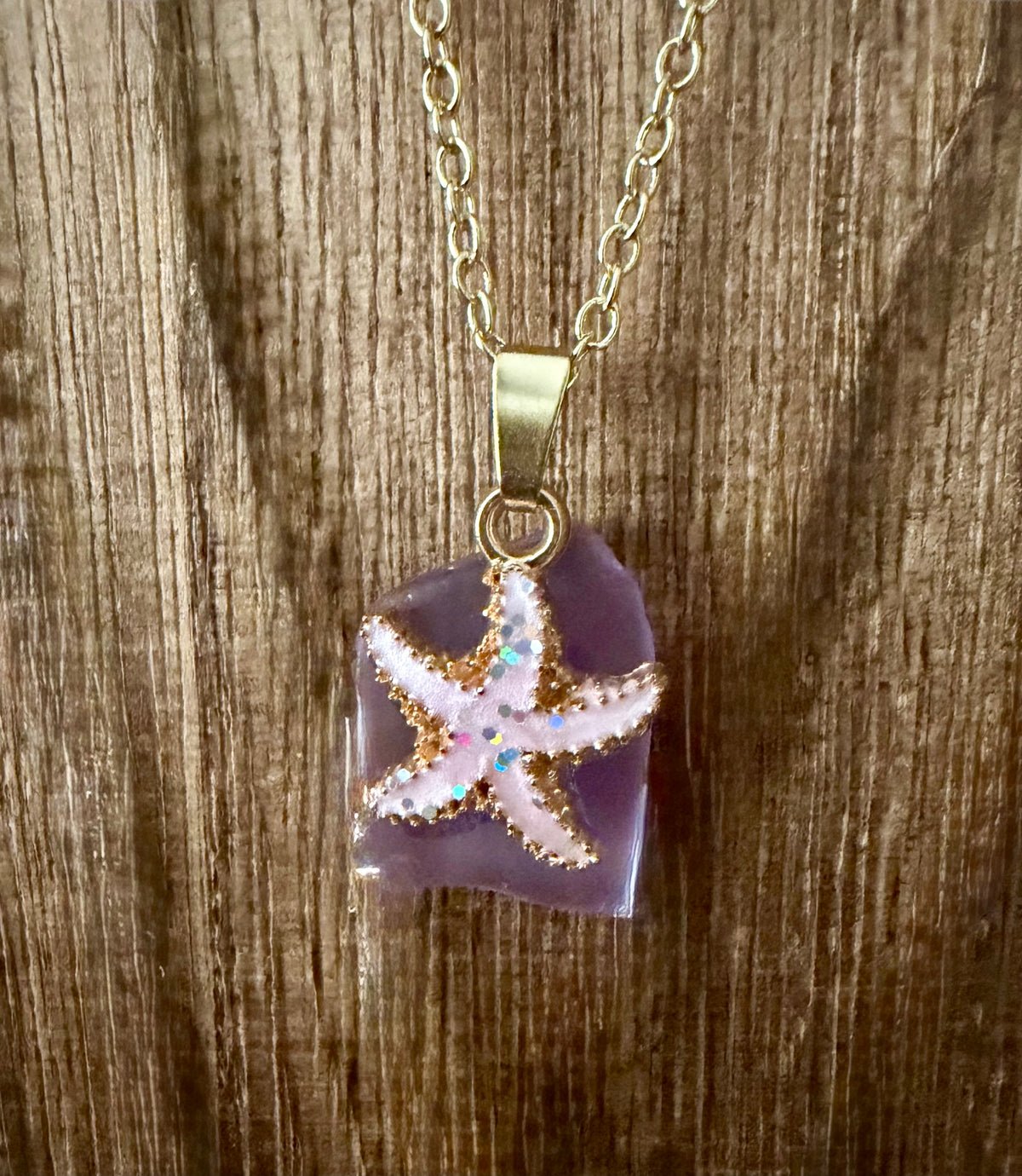 Sea Glass Starfish Necklace - Gold Chain Coastal Jewelry