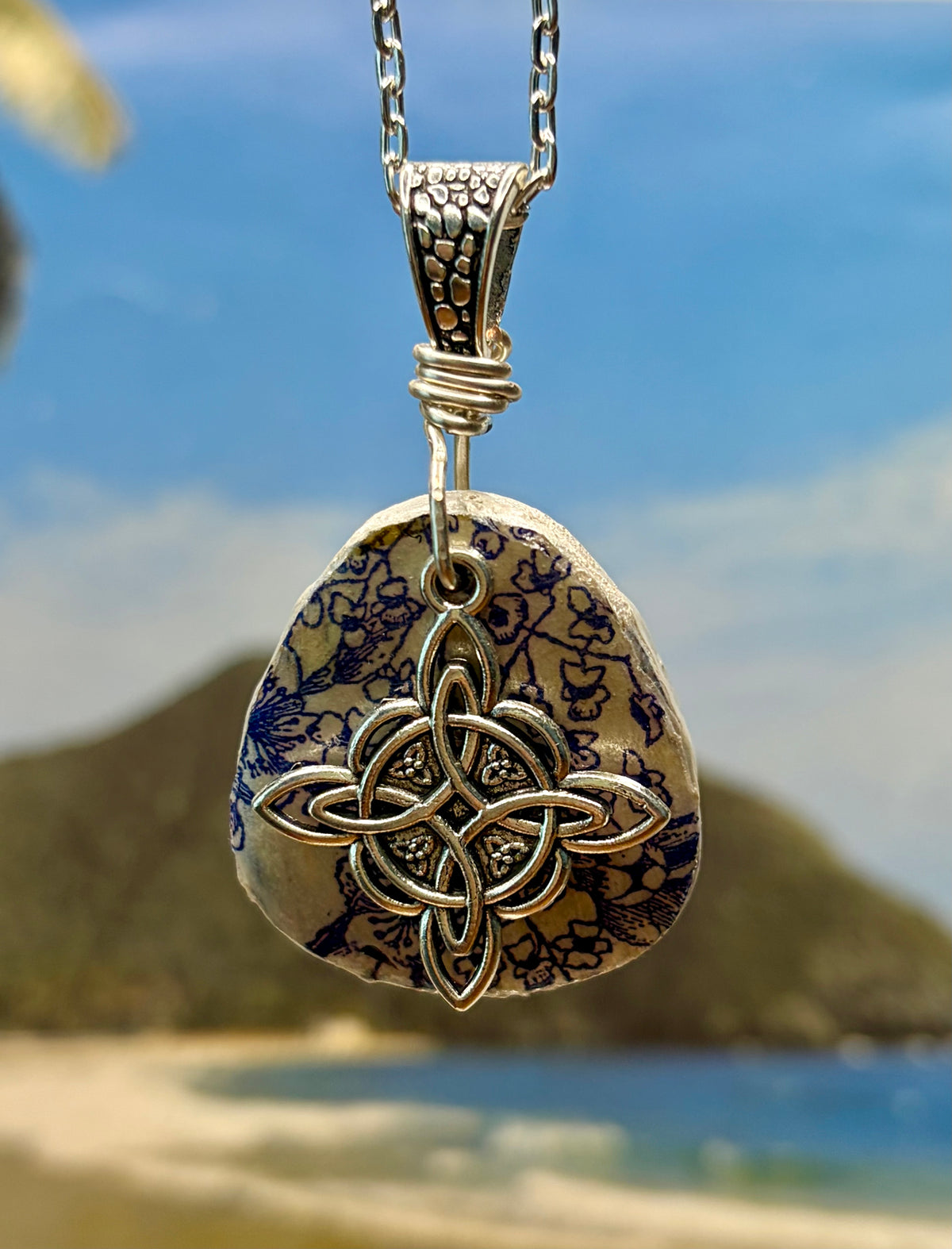 Blue Floral Tile Pendant Necklace Set | Decoupage Ceramic Tile Jewelry