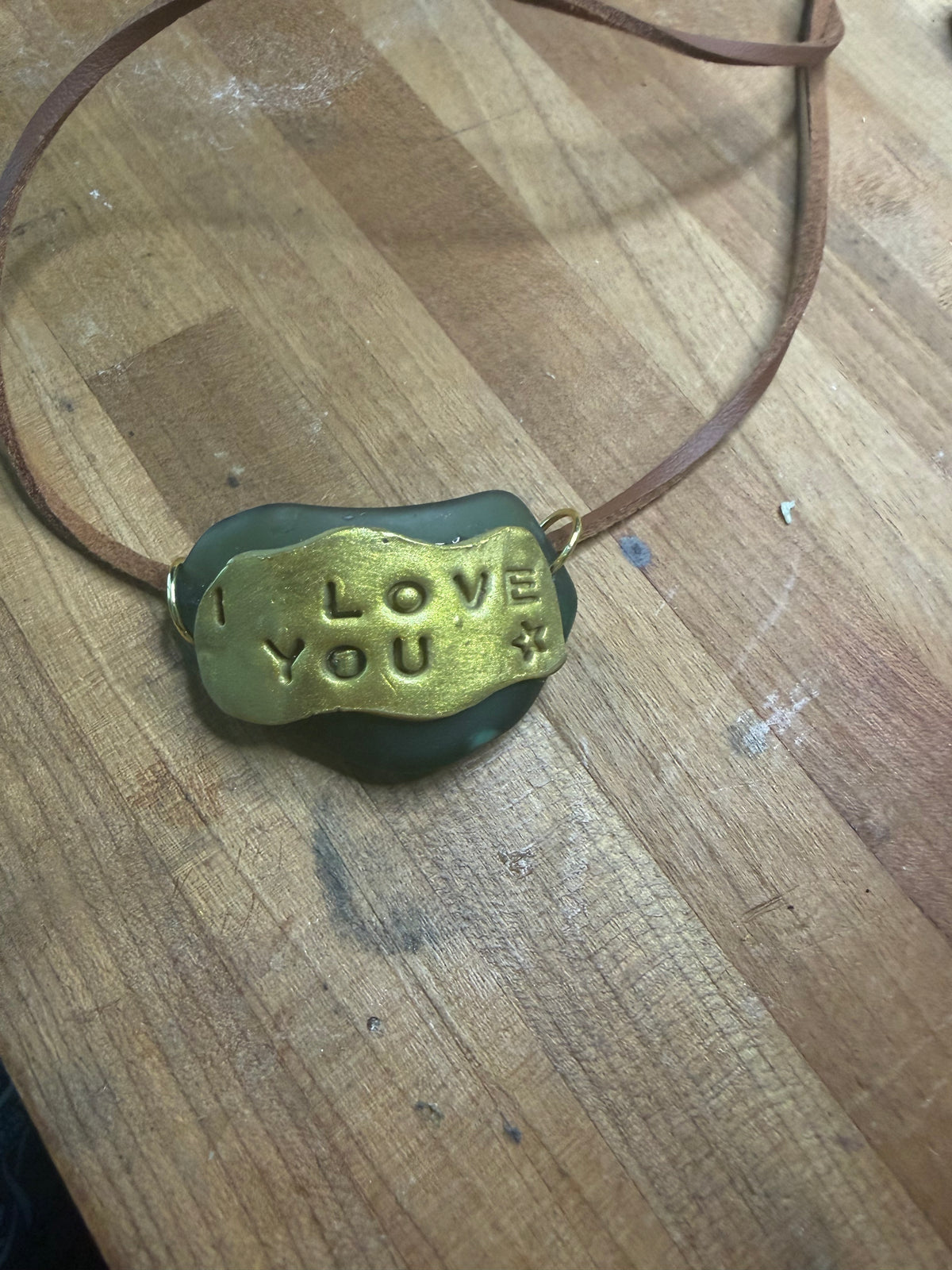 Handcrafted "I Love You" Sea Glass & Bronze Clay Pendant Necklace | Artisan Jewelry by Mariel