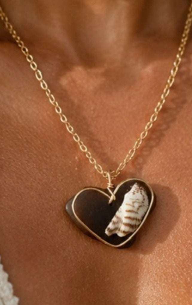 Handmade Brown Amber Heart Sea Glass Necklace