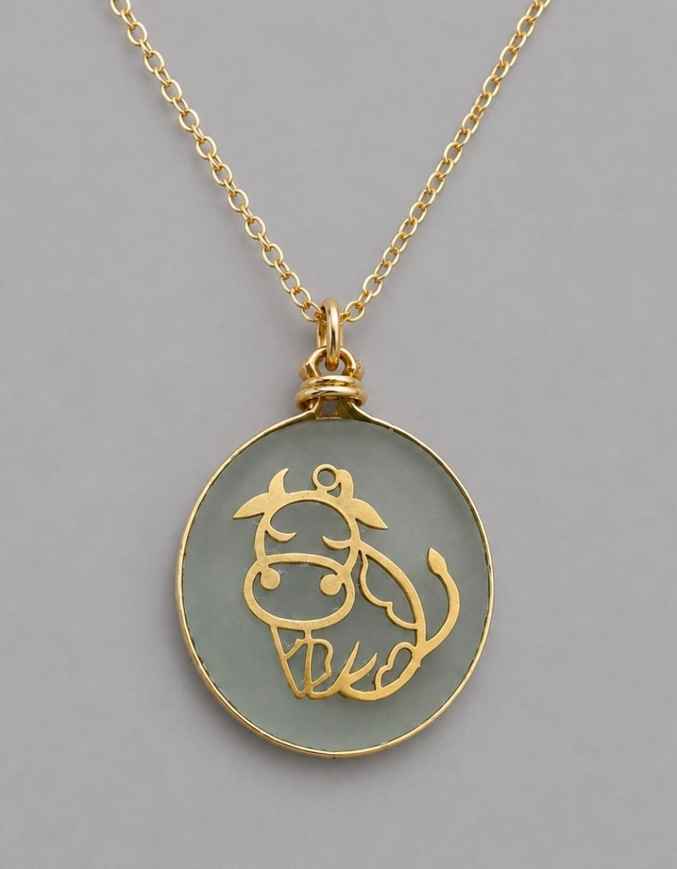 Sea Glass Bull Necklace - Gold Cow Silhouette on Clear Mist Glass -Coastal