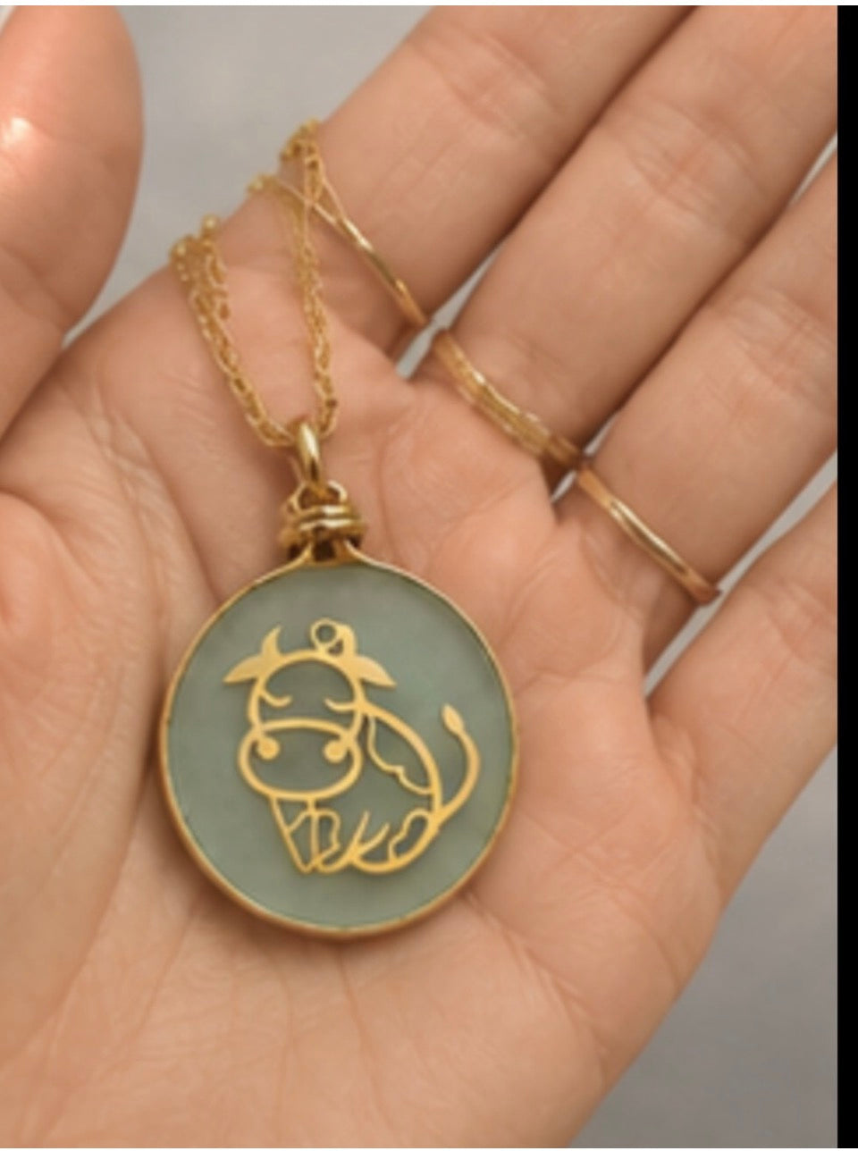 Sea Glass Bull Necklace - Gold Cow Silhouette on Clear Mist Glass -Coastal