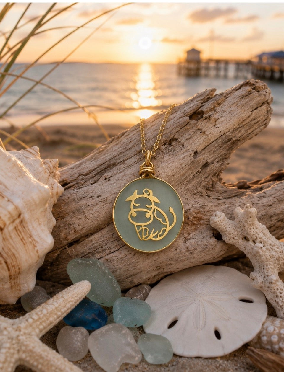 Sea Glass Bull Necklace - Gold Cow Silhouette on Clear Mist Glass -Coastal