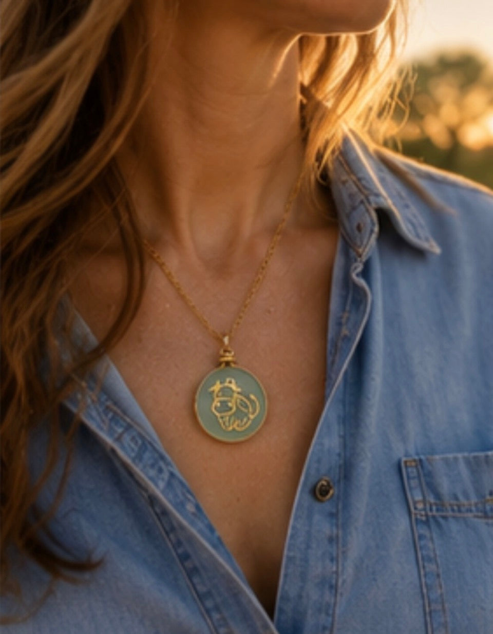 Sea Glass Bull Necklace - Gold Cow Silhouette on Clear Mist Glass -Coastal