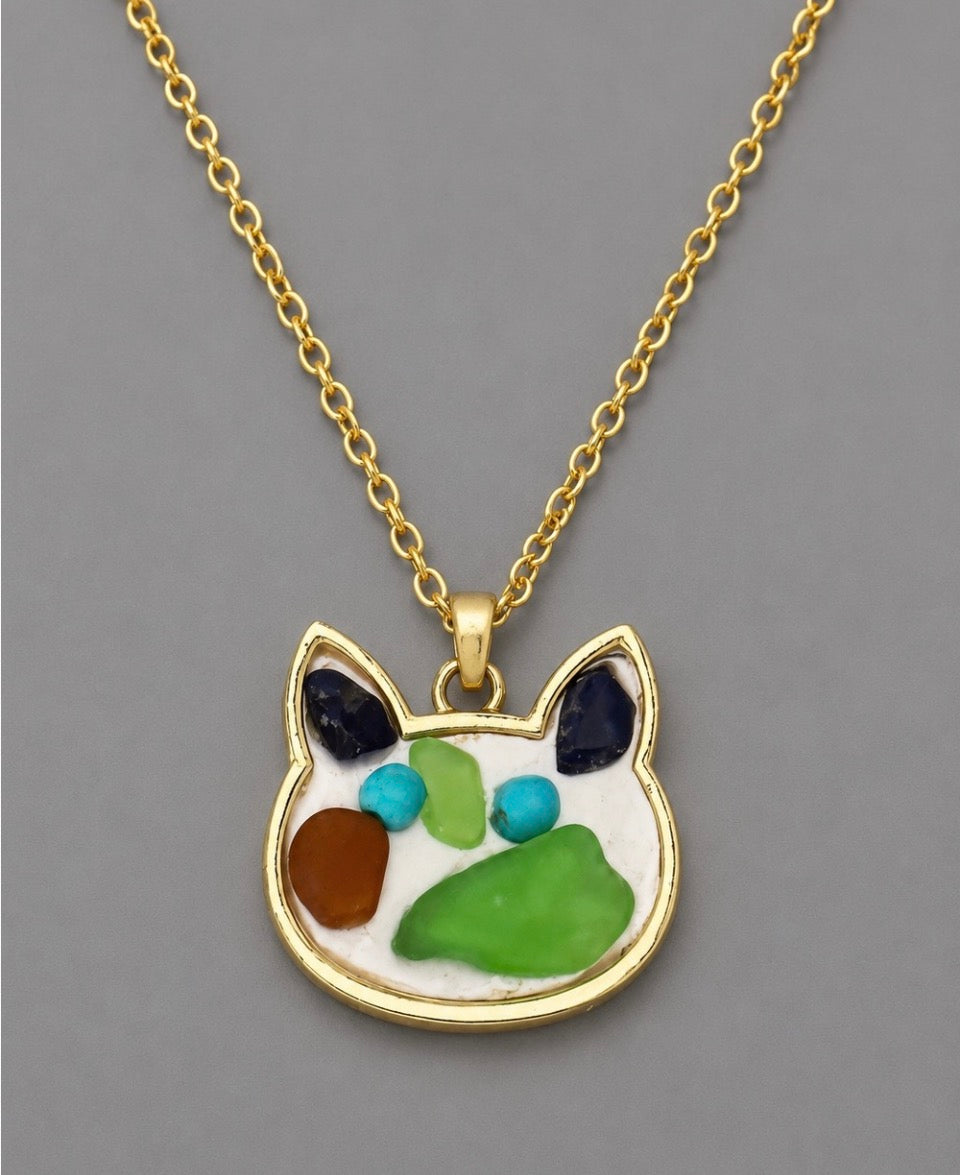 Handmade Sea Glass Cat Mosaic Necklace - Mermaid Cat - Gold Bezel Pendant