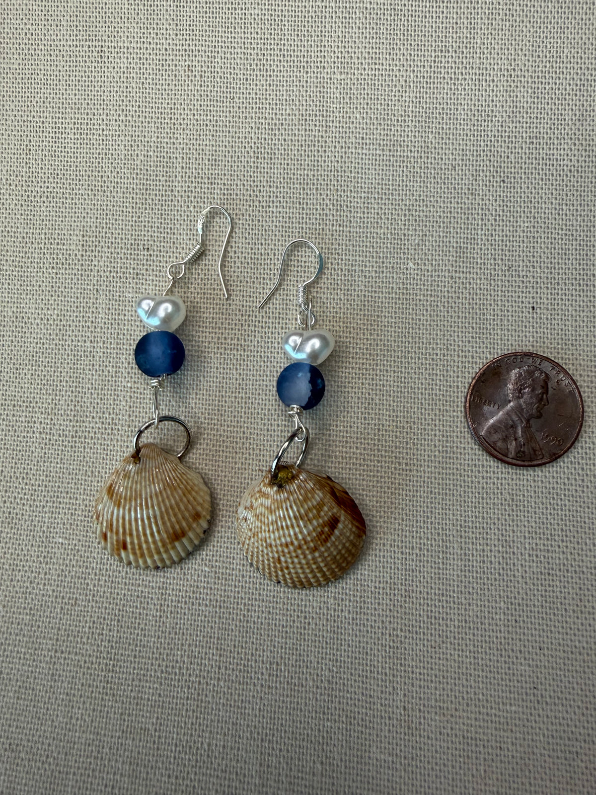 Coastal Blue & Shell Dangle Earrings | Handcrafted Decoupage Sea Shell, Frosted Glass, and Pearl Jewelry