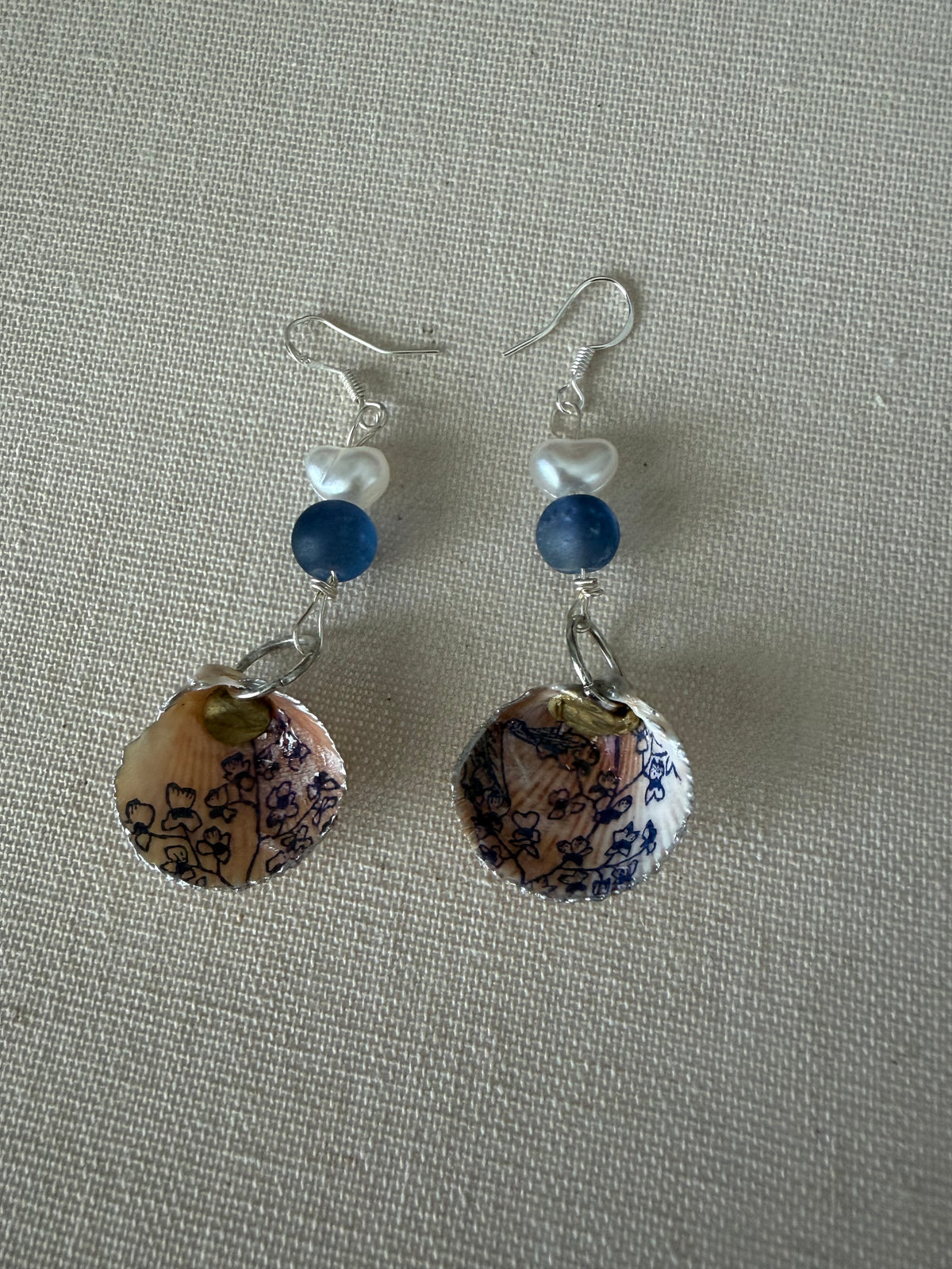 Coastal Blue & Shell Dangle Earrings | Handcrafted Decoupage Sea Shell, Frosted Glass, and Pearl Jewelry