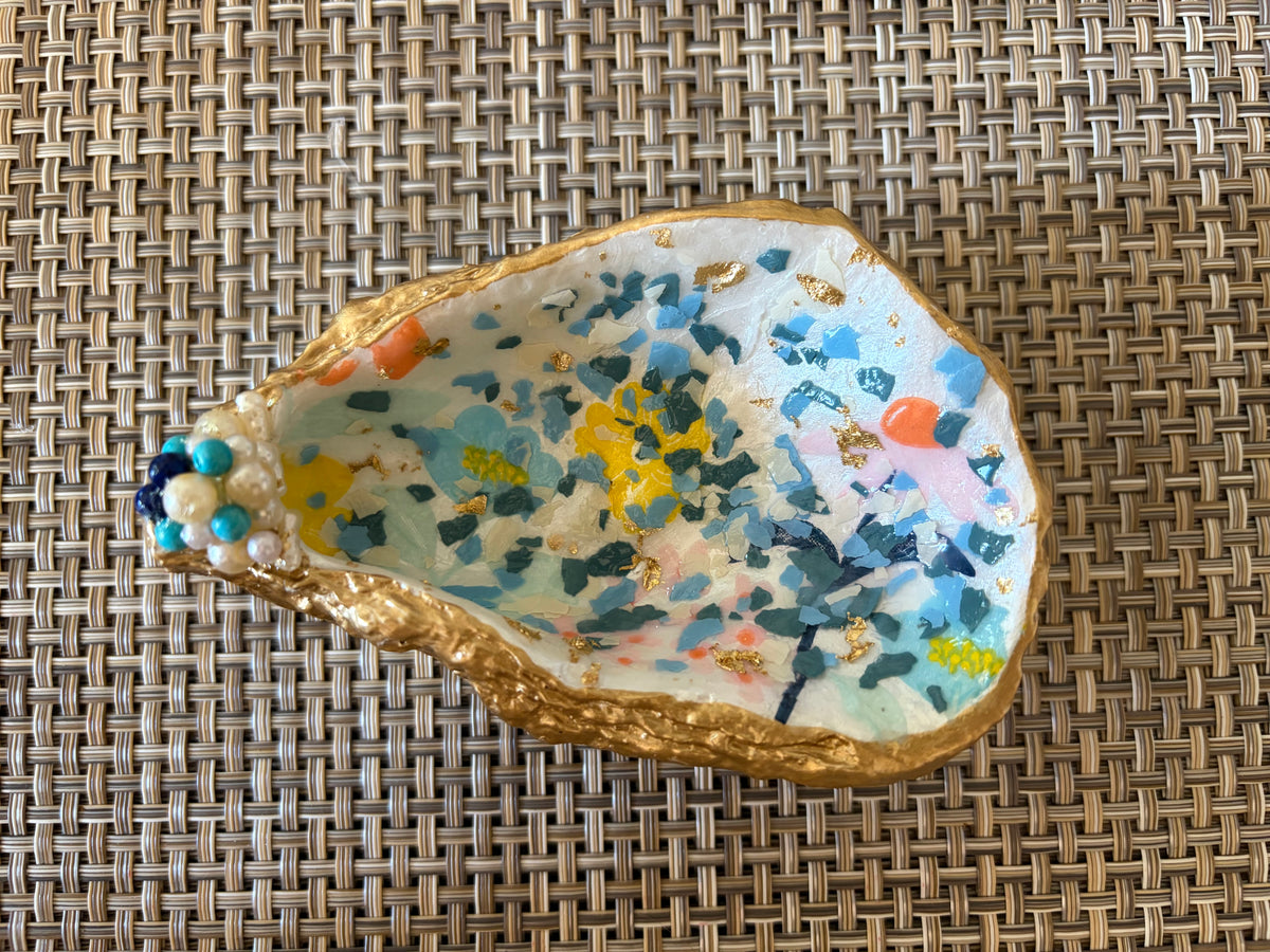 Handcrafted Oyster Shell Art | Gold Filigree & Colorful Sea Glass Mosaic | Coastal Decor | One of a Kind Ocean Inspired Gift | Design by Mariel
