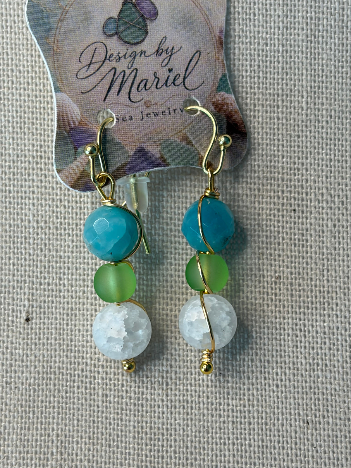 Blue Quartz Dangle Earrings, Sea Glass Inspired Earrings, Handmade Glass Bead Earrings, Coastal Jewelry, Gold Wire Wrapped Earrings