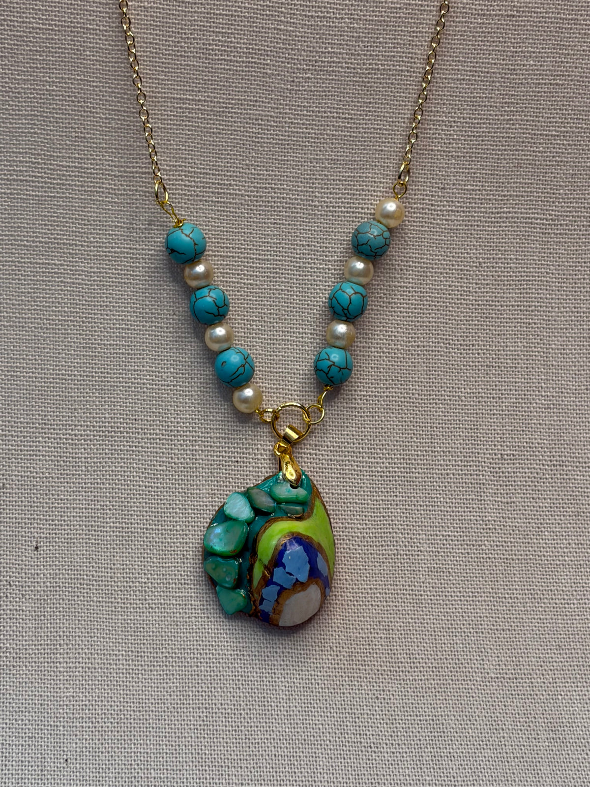 Turquoise Pearl Statement Necklace, Handmade Shell Pendant, Mother of Pearl, Ocean Inspired Jewelry, Boho Coastal Necklace, Design by Mariel