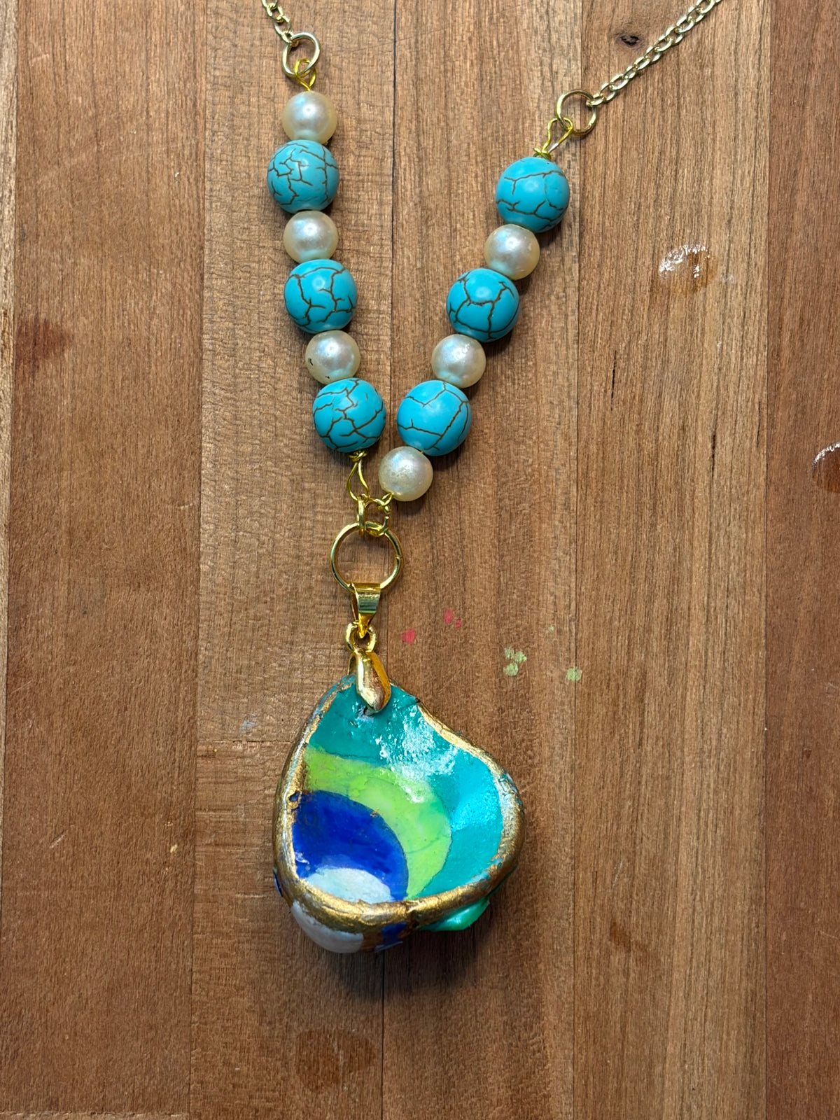 Turquoise Pearl Statement Necklace, Handmade Shell Pendant, Mother of Pearl, Ocean Inspired Jewelry, Boho Coastal Necklace, Design by Mariel