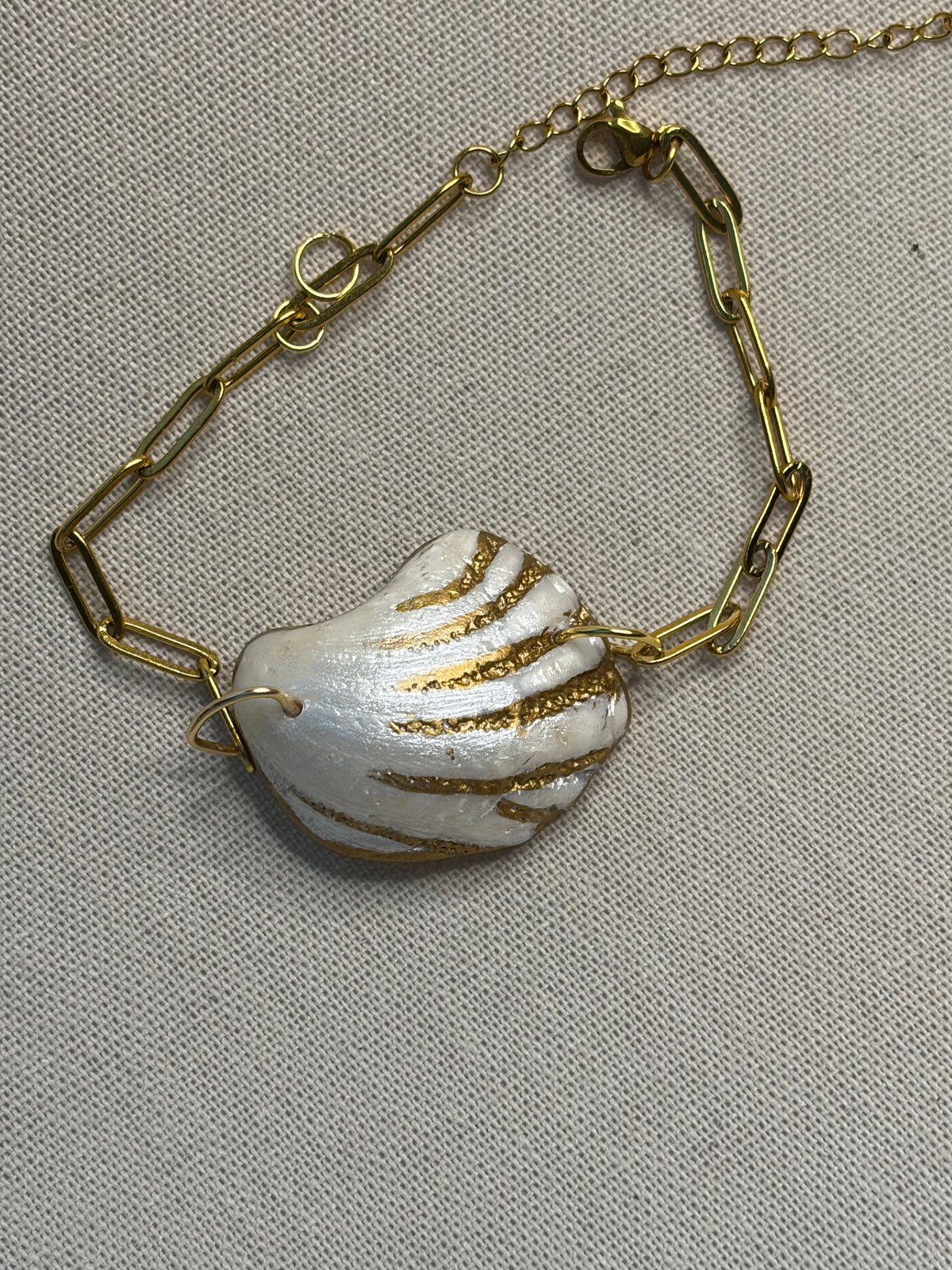 Shell & Gold Bracelet- Wire Wrapped - Paper Clip Stainless Steel Chain