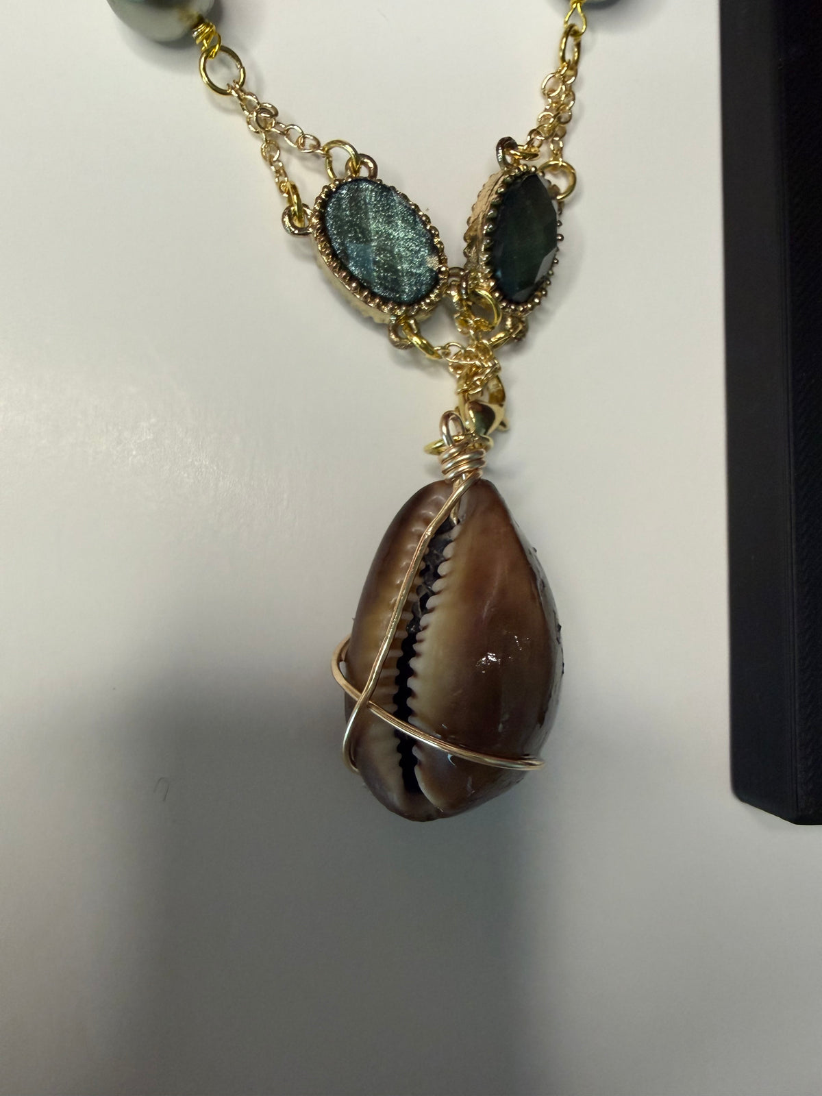 Maui Cowry Shell Necklace, Green Pearl and Gemstone Pendant, Ocean Inspired Necklace