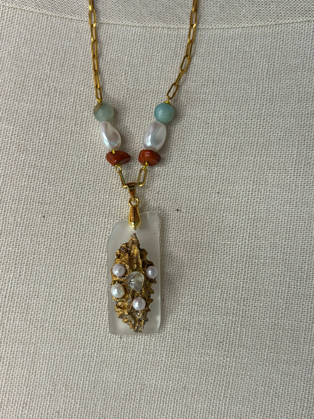 Hawaiian Sea Glass Necklace, Gold Coral Pendant, Freshwater Pearl Jewelry, Amazonite & Herkimer Diamond, One of a Kind Gift