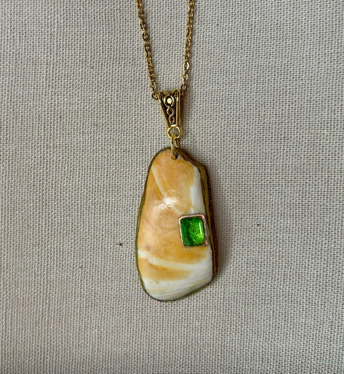 Shell Necklace with Lab-Grown Emerald, Gold Paperclip Chain, Texas Coastal Jewelry, One of a Kind Pendant