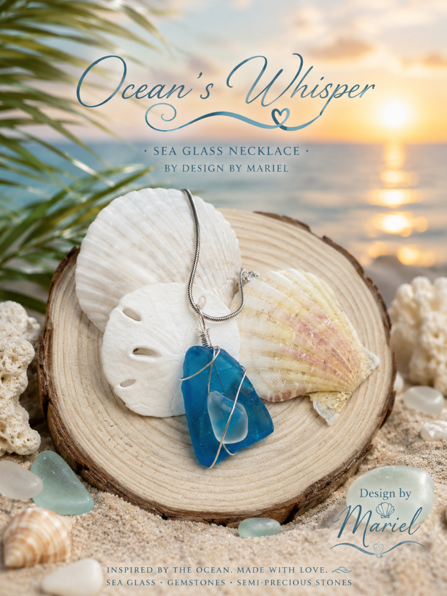 Sea glass necklace with shells on a wooden slice against a beach sunset background