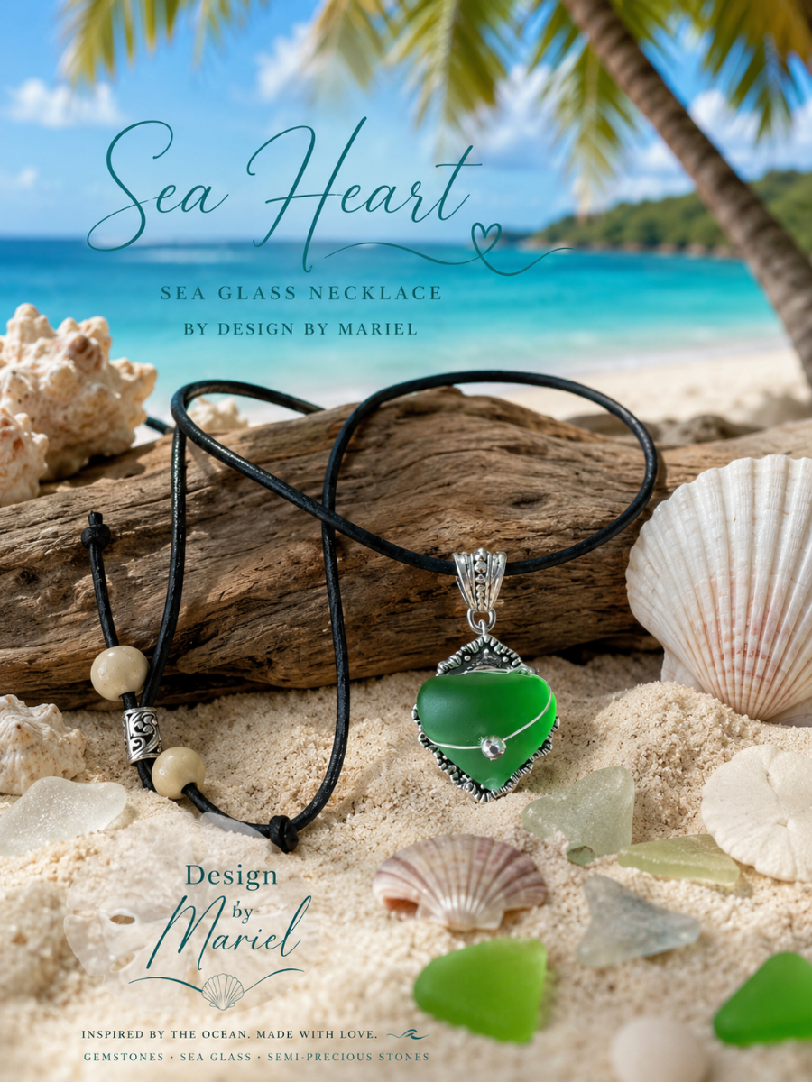 Sea glass necklace with green pendant on a beach setting