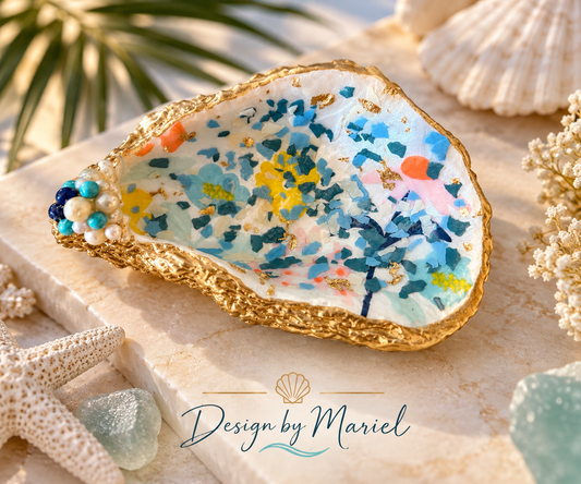 Handcrafted Oyster Shell Art | Gold Filigree & Colorful Sea Glass Mosaic | Coastal Decor | One of a Kind Ocean Inspired Gift | Design by Mariel