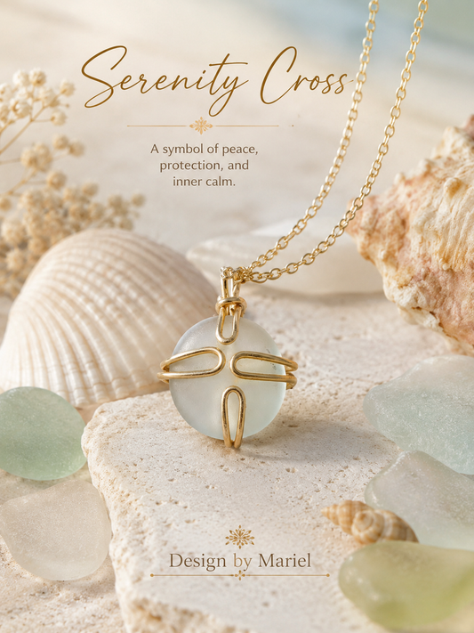 Serenity Cross Necklace, Clear Glass Pendant, Gold Tone Handmade Necklace, Coastal Jewelry, Beach Inspired Gift, Design by Mariel