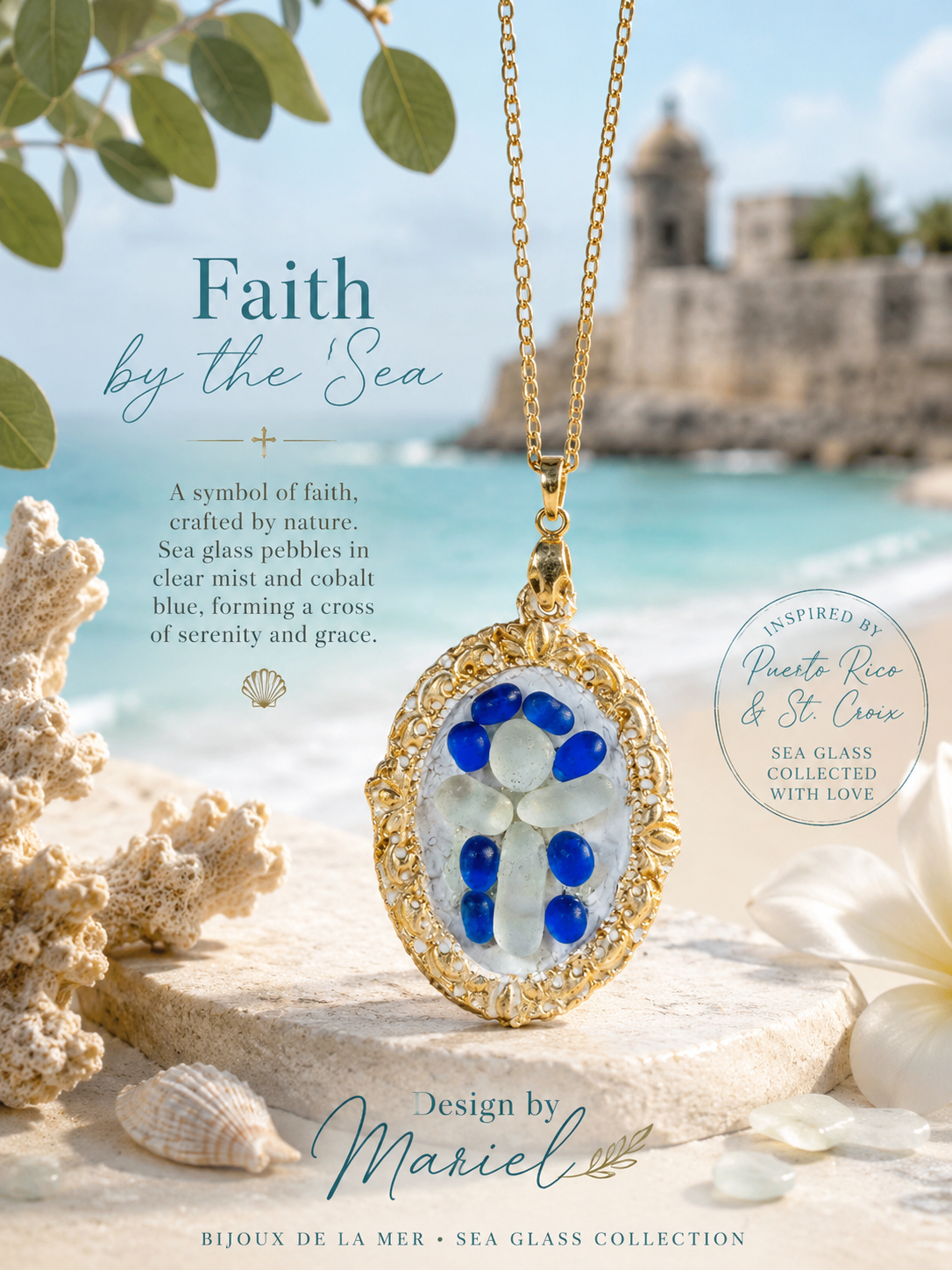 Gold necklace with sea glass pendant on a beach setting