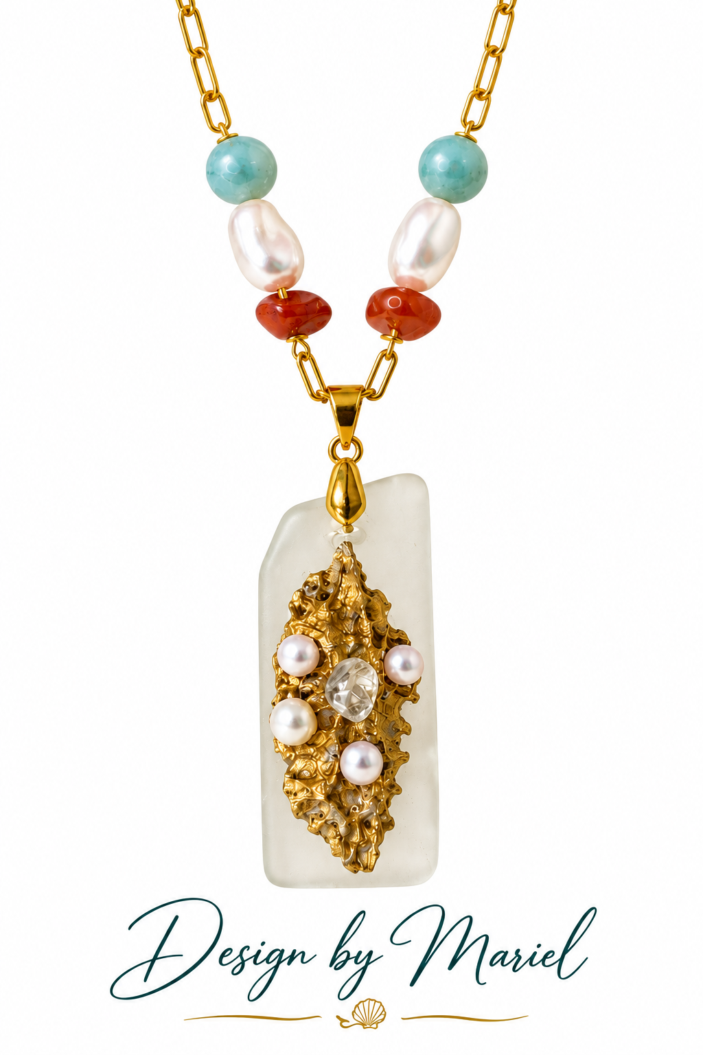 Hawaiian Sea Glass Necklace, Gold Coral Pendant, Freshwater Pearl Jewelry, Amazonite & Herkimer Diamond, One of a Kind Gift